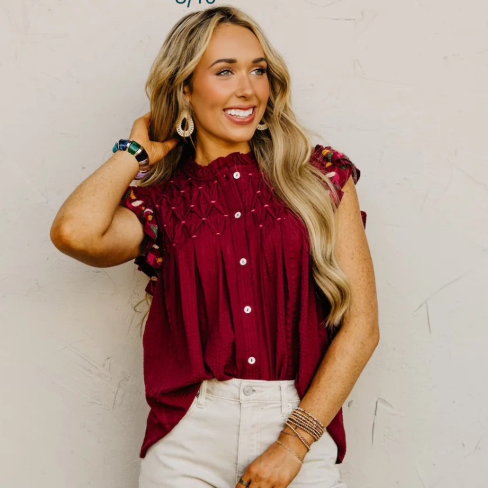 Elegant Burgundy Ruffle Sleeve Blouse - Picture 2 of 3